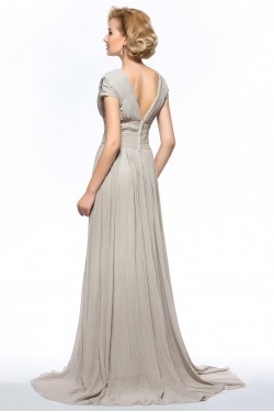 A-Line V-Neck Cap-Sleeve Pleated Split-Front Long Chiffon Mother of the Bride Dresses M010077