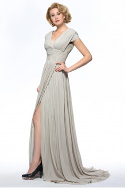 A-Line V-Neck Cap-Sleeve Pleated Split-Front Long Chiffon Mother of the Bride Dresses M010077