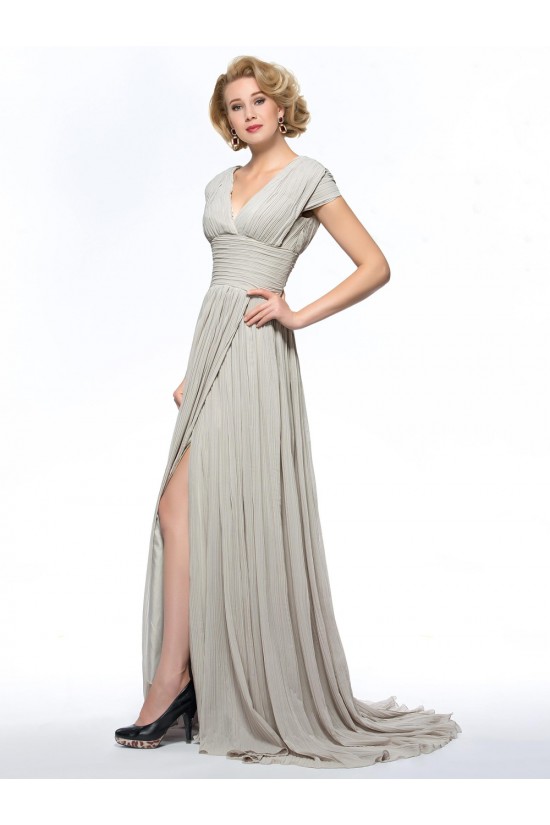 A-Line V-Neck Cap-Sleeve Pleated Split-Front Long Chiffon Mother of the Bride Dresses M010077