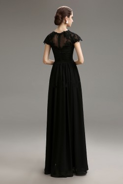 Empire Cap-Sleeve Long Black Chiffon Mother of the Bride Dresses M010079