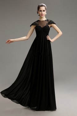 Empire Cap-Sleeve Long Black Chiffon Mother of the Bride Dresses M010079