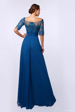 A-Line Bateau Short Sleeve Long Blue Chiffon Mother of the Bride Dresses M010085