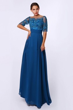 A-Line Bateau Short Sleeve Long Blue Chiffon Mother of the Bride Dresses M010085
