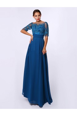 A-Line Bateau Short Sleeve Long Blue Chiffon Mother of the Bride Dresses M010085