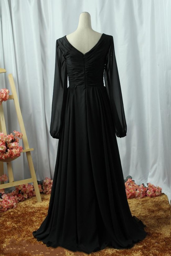 A-Line V-Neck Long Sleeve Beaded Chiffon Mother of the Bride Dresses M010096