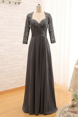 A-Line 3/4 Sleeve Lace and Chiffon Long Mother of the Bride Dresses M010099