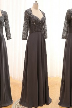 A-Line 3/4 Sleeve Lace and Chiffon Long Mother of the Bride Dresses M010099