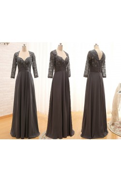 A-Line 3/4 Sleeve Lace and Chiffon Long Mother of the Bride Dresses M010099