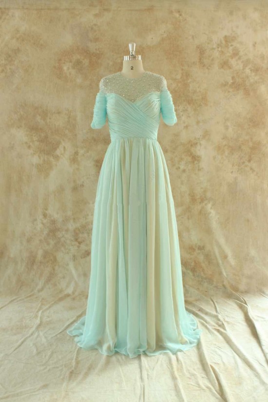 A-Line Beaded Short Sleeve Long Chiffon Mother of the Bride Dresses M010100