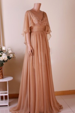 A-Line V-Neck Beaded Applique Long Chiffon Mother of the Bride Dresses M010102