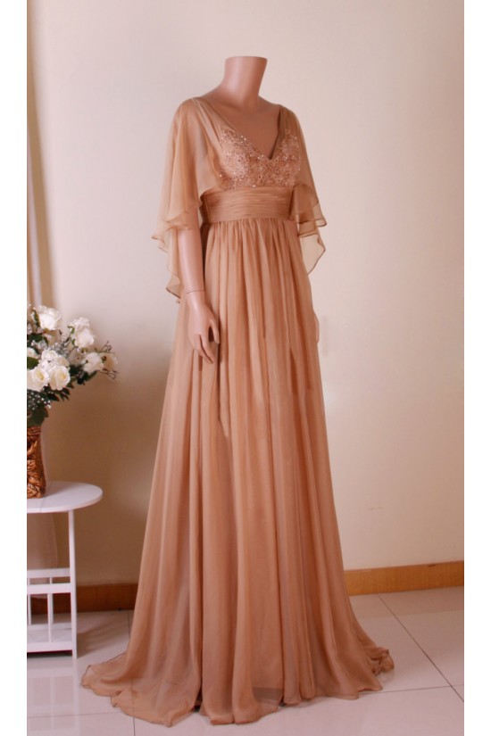 A-Line V-Neck Beaded Applique Long Chiffon Mother of the Bride Dresses M010102