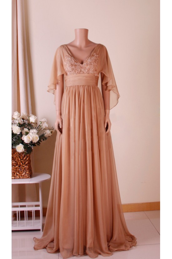 A-Line V-Neck Beaded Applique Long Chiffon Mother of the Bride Dresses M010102