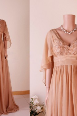 A-Line V-Neck Beaded Applique Long Chiffon Mother of the Bride Dresses M010102