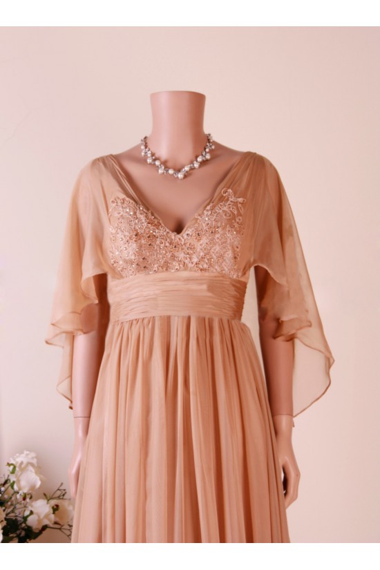 A-Line V-Neck Beaded Applique Long Chiffon Mother of the Bride Dresses M010102