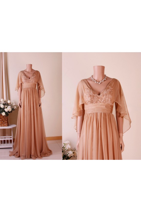 A-Line V-Neck Beaded Applique Long Chiffon Mother of the Bride Dresses M010102