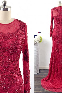 Trumpet/Mermaid Long Sleeve Beaded Applique Lace Long Mother of the Bride Dresses M010103