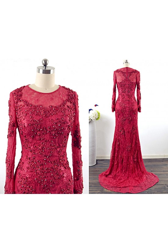 Trumpet/Mermaid Long Sleeve Beaded Applique Lace Long Mother of the Bride Dresses M010103