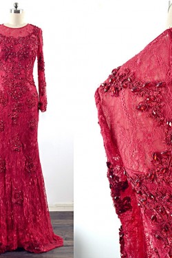 Trumpet/Mermaid Long Sleeve Beaded Applique Lace Long Mother of the Bride Dresses M010103