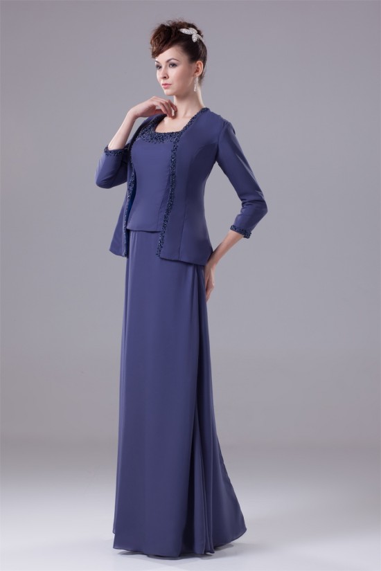 A-Line Square Floor-Length 3/4 Sleeve Beading Mother of the Bride Dresses with A Jacket 2040004