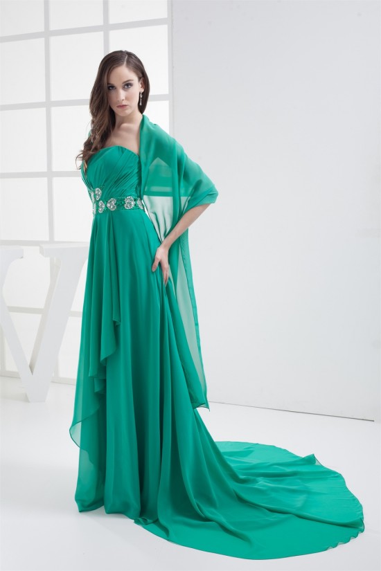 A-Line Strapless Sleeveless Court Train Beaded Chiffon Mother of the Bride Dresses with A Wrap 2040005