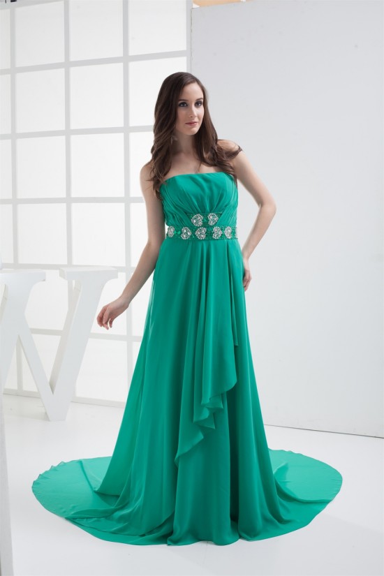 A-Line Strapless Sleeveless Court Train Beaded Chiffon Mother of the Bride Dresses with A Wrap 2040005