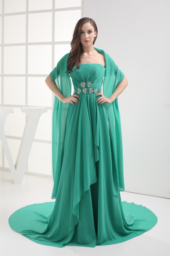 A-Line Strapless Sleeveless Court Train Beaded Chiffon Mother of the Bride Dresses with A Wrap 2040005