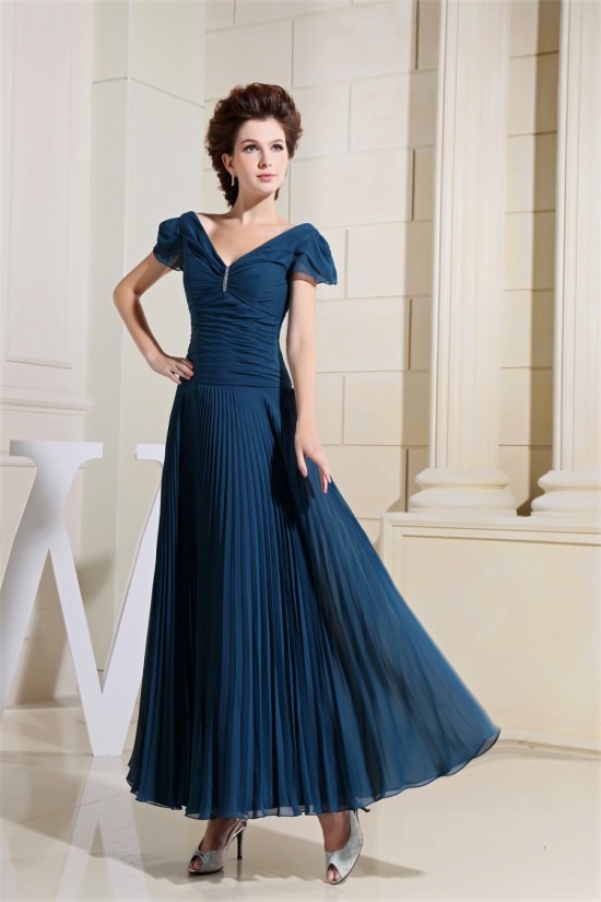 Beading Short Ankle-Length V-Neck Chiffon Silk like Satin Mother of the Bride Dresses 2040017