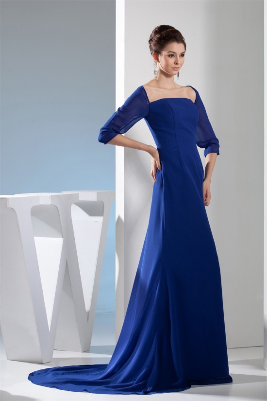 Brush Sweep Train Square Chiffon Long Blue Mother of the Bride Dresses 2040024