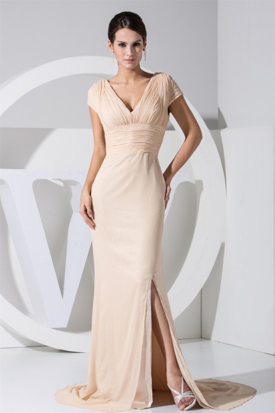 Chiffon Silk like Satin Puddle Train Short Sleeve V-Neck Mother of the Bride Dresses 2040031