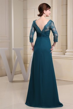 A-Line Chiffon V-Neck 3/4 Sleeve Sequins Appliques Brush Sweep Train Mother of the Bride Dresses 2040032