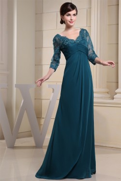 A-Line Chiffon V-Neck 3/4 Sleeve Sequins Appliques Brush Sweep Train Mother of the Bride Dresses 2040032
