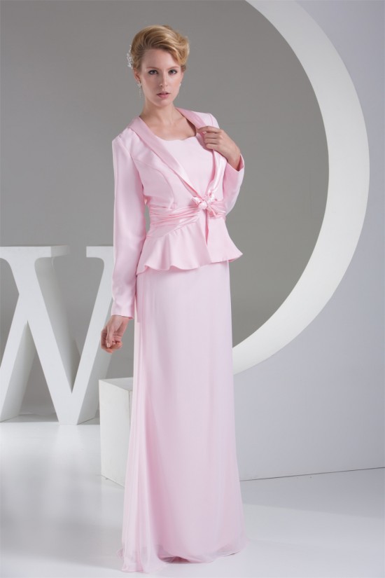 Chiffon Silk like Satin Sheath/Column Ruffles Long Sleeve Mother of the Bride Dresses 2040034