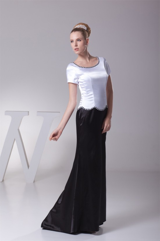 Floor-Length Sheath/Column Short Sleeve Black White Mother of the Bride Dresses 2040037