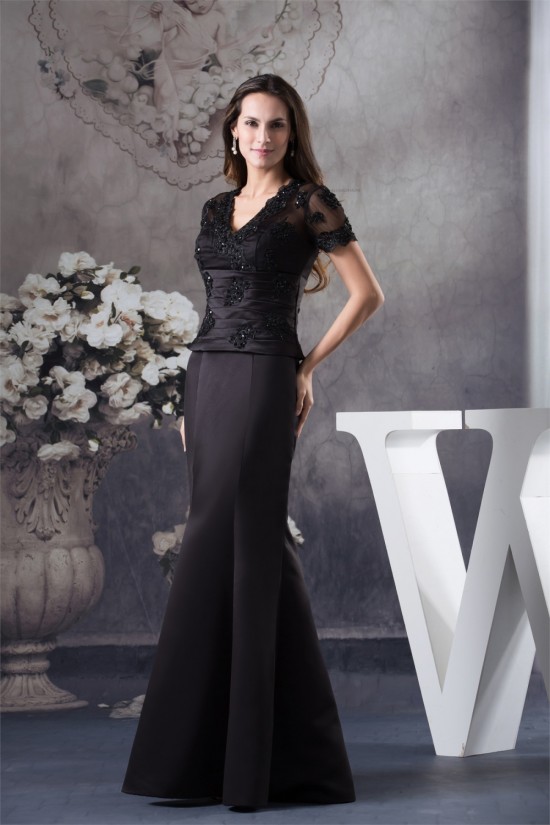 Trumpet/Mermaid Floor-Length V-Neck Ruffles Short Sleeve Appliques Mother of the Bride Dresses 2040042