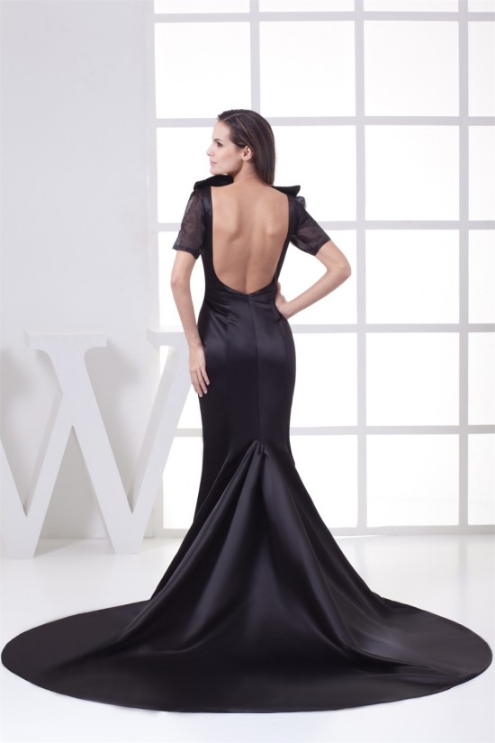 High-Neck Satin Organza Ruched Brush Sweep Train Backless Mother of the Bride Dresses 2040047