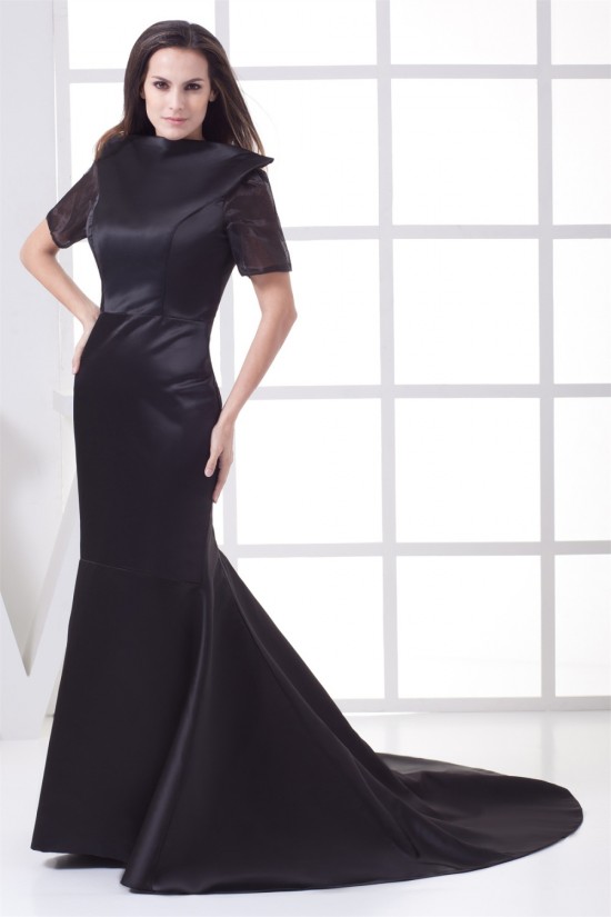 High-Neck Satin Organza Ruched Brush Sweep Train Backless Mother of the Bride Dresses 2040047