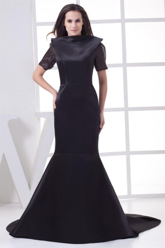 High-Neck Satin Organza Ruched Brush Sweep Train Backless Mother of the Bride Dresses 2040047