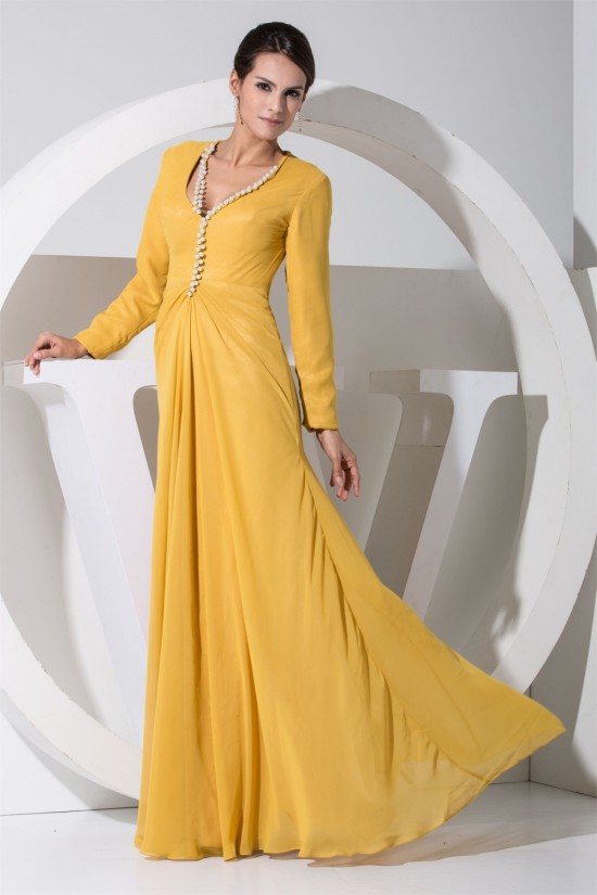 A-Line Long Sleeves V-Neck Floor-Length Beading Mother of the Bride Dresses 2040053