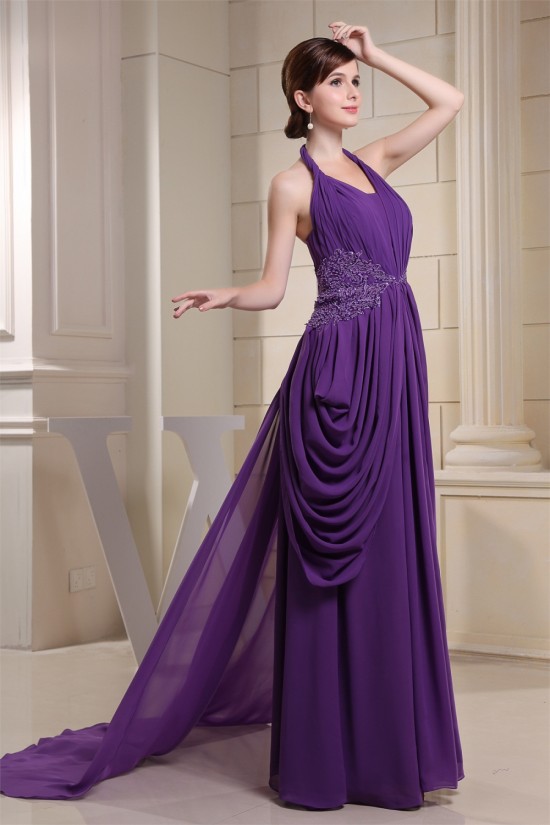 Sheath/Column Halter Puddle Train Chiffon Sleeveless Mother of the Bride Dresses 2040061