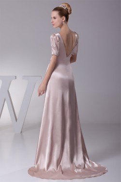 A-Line Short Sleeve Ruched Brush Sweep Train Elastic Woven Satin Mother of the Bride Dresses 2040062