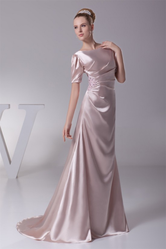 A-Line Short Sleeve Ruched Brush Sweep Train Elastic Woven Satin Mother of the Bride Dresses 2040062