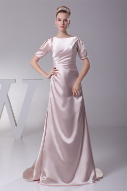 A-Line Short Sleeve Ruched Brush Sweep Train Elastic Woven Satin Mother of the Bride Dresses 2040062