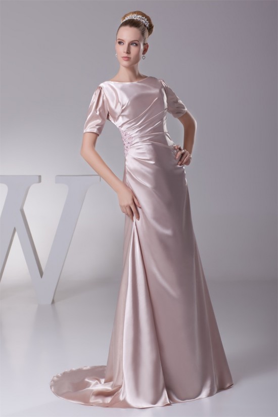 A-Line Short Sleeve Ruched Brush Sweep Train Elastic Woven Satin Mother of the Bride Dresses 2040062