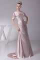 A-Line Short Sleeve Ruched Brush Sweep Train Elastic Woven Satin Mother of the Bride Dresses 2040062
