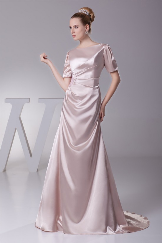 A-Line Short Sleeve Ruched Brush Sweep Train Elastic Woven Satin Mother of the Bride Dresses 2040062