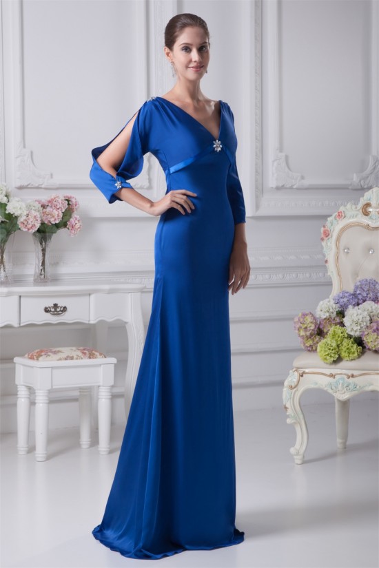 Silk like Satin Satin Chiffon V-Neck 3/4 Sleeve Long Blue Mother of the Bride Dresses 2040085