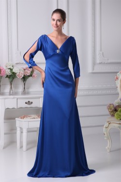 Silk like Satin Satin Chiffon V-Neck 3/4 Sleeve Long Blue Mother of the Bride Dresses 2040085