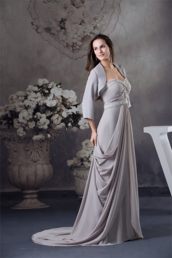 Sheath/Column Sweetheart Chiffon Puddle Train Long Mother of the Bride Dresses with A Jacket 2040096