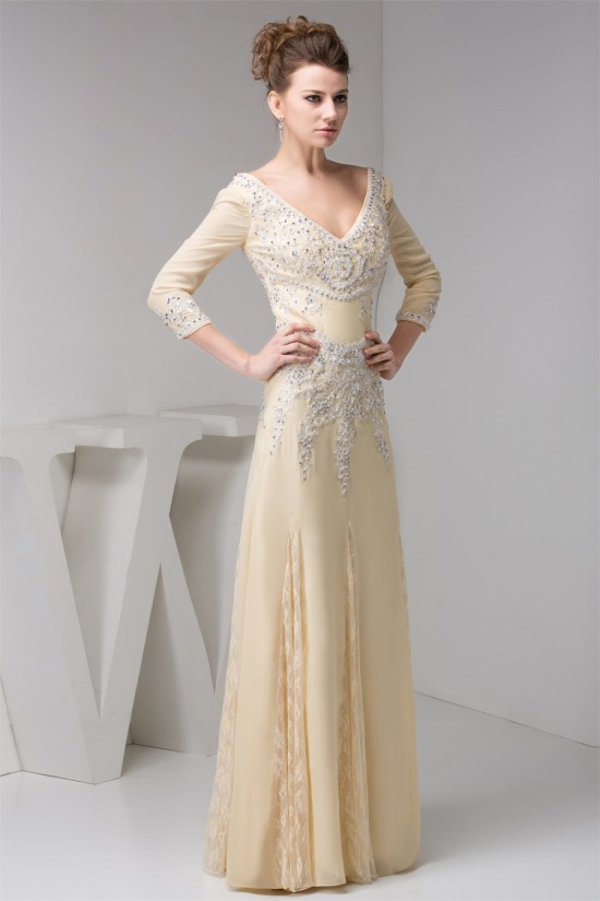 A-Line 3/4 Sleeves Lace Chiffon Beaded Applique Long Mother of the Bride Dresses 2040134