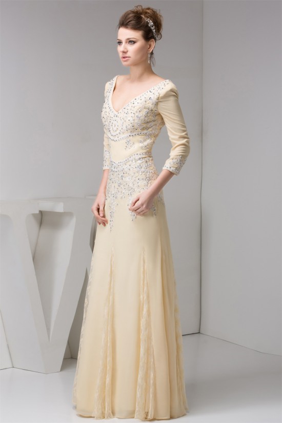 A-Line 3/4 Sleeves Lace Chiffon Beaded Applique Long Mother of the Bride Dresses 2040134